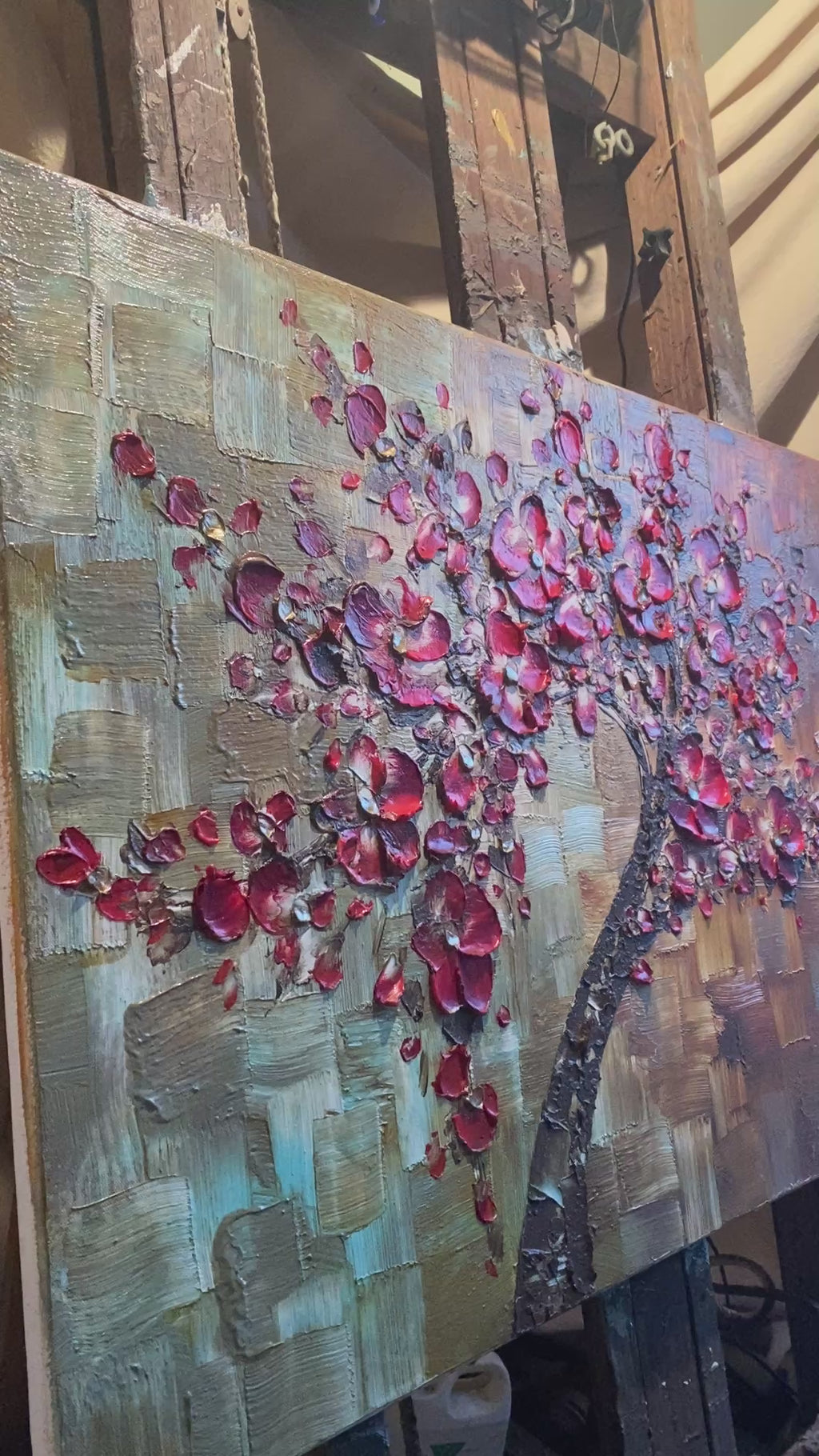 Original Red Cherry Blossom Tree Painting, Palette Knife Impasto Textured Fine Art (36x24")