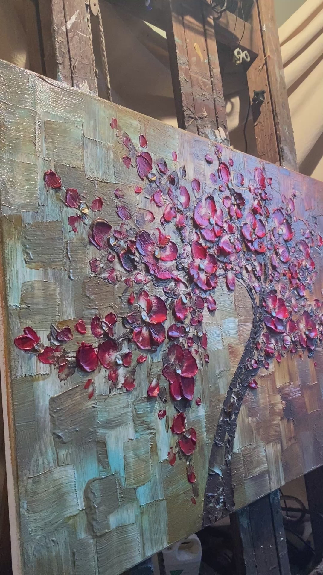 Original Red Cherry Blossom Tree Painting, Palette Knife Impasto Textured Fine Art (36x24")
