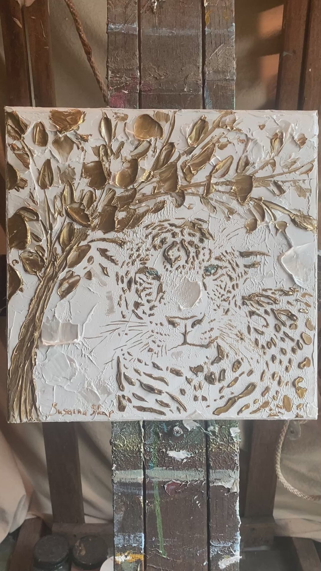 Leopard, Big Cat Animal Painting Abstract ORIGINAL Art White & Gold Textured painting, Handmade wall art