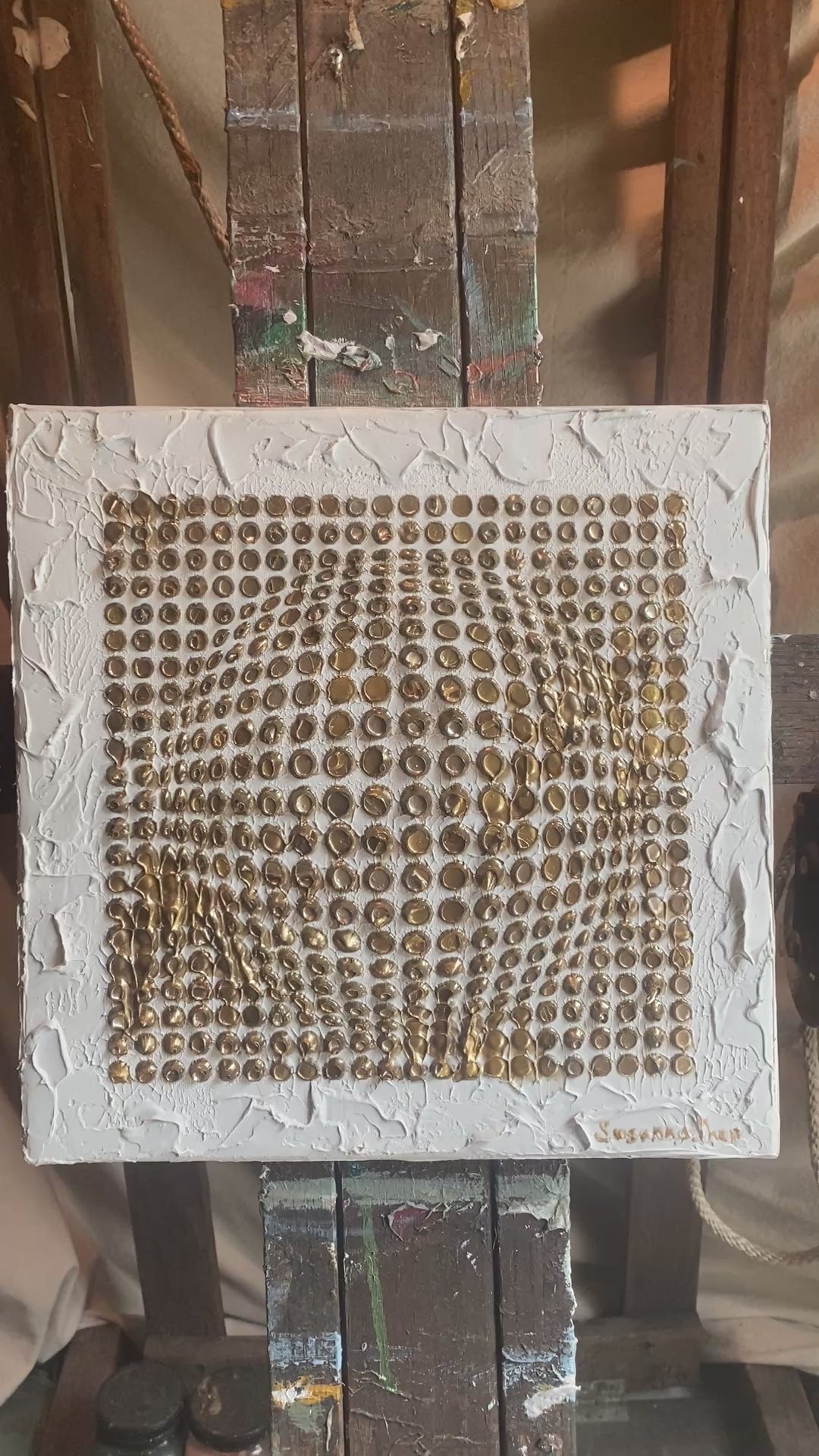 Abstract ORIGINAL Art White & Gold Textured painting, Handmade wall art, 12"x12"