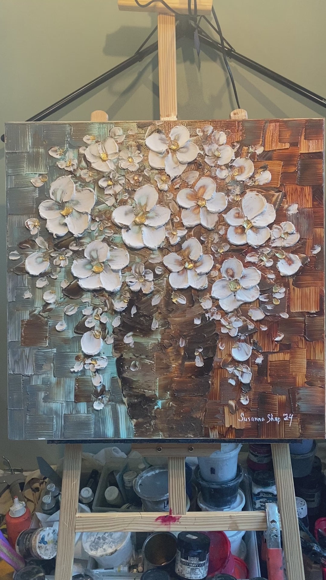 Abstract Heavy Textured White Flower Blossoms Bouquet, Still life Original Painting on Canvas, Impasto palette knife Art 24”x24”