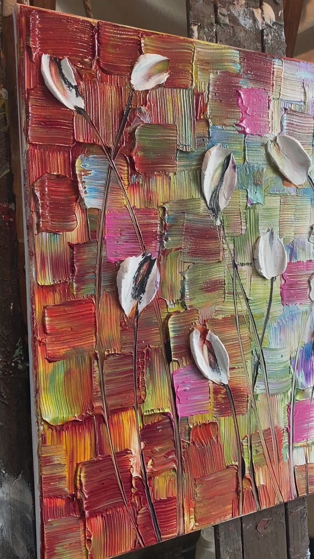 Original White Tulips Impasto Painting, Palette Knife Textured Art (20"x20")