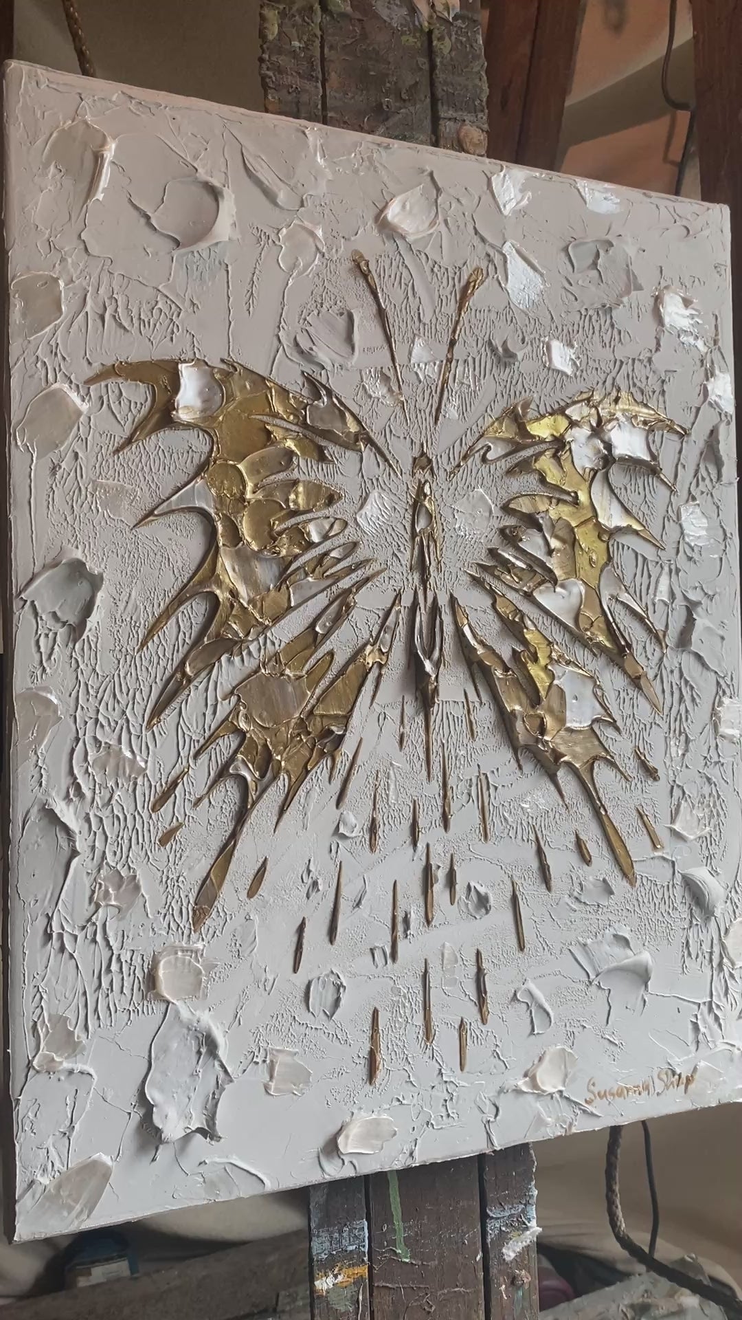 Butterfly Fairy ORIGINAL Art Abstract White & Gold Textured painting, HandMade Artwork Canvas wall art  16x20"