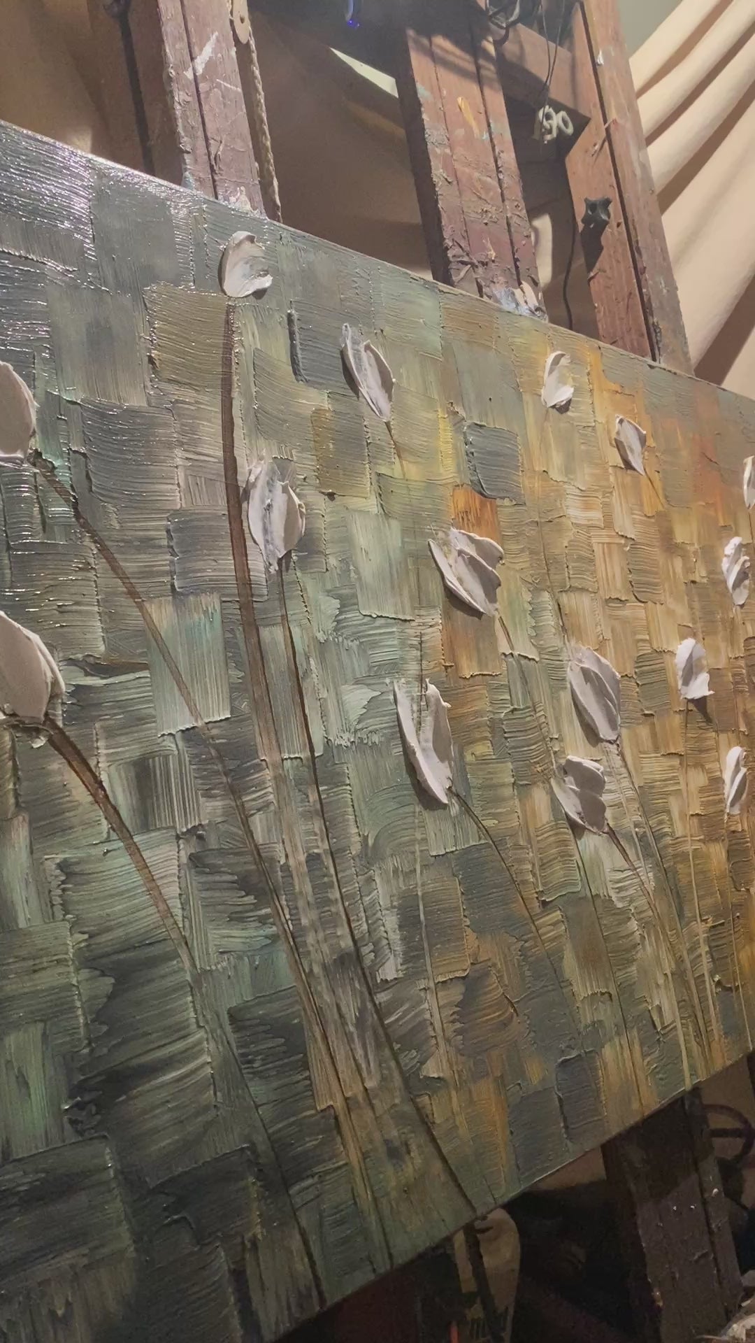Large ORIGINAL white tulips painting, Abstract Landscape, Textured Palette knife Impasto Fine art by susanna shap (48"x24")