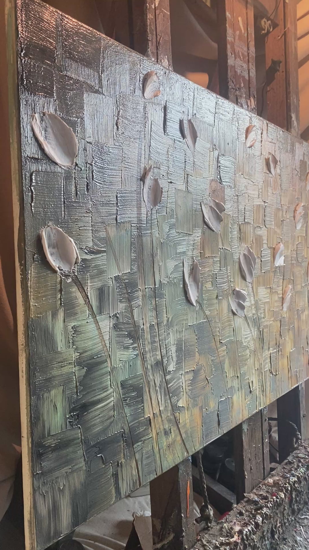 Large ORIGINAL white tulips painting, Abstract Landscape, Textured Palette knife Impasto Fine art by susanna shap (48"x24")