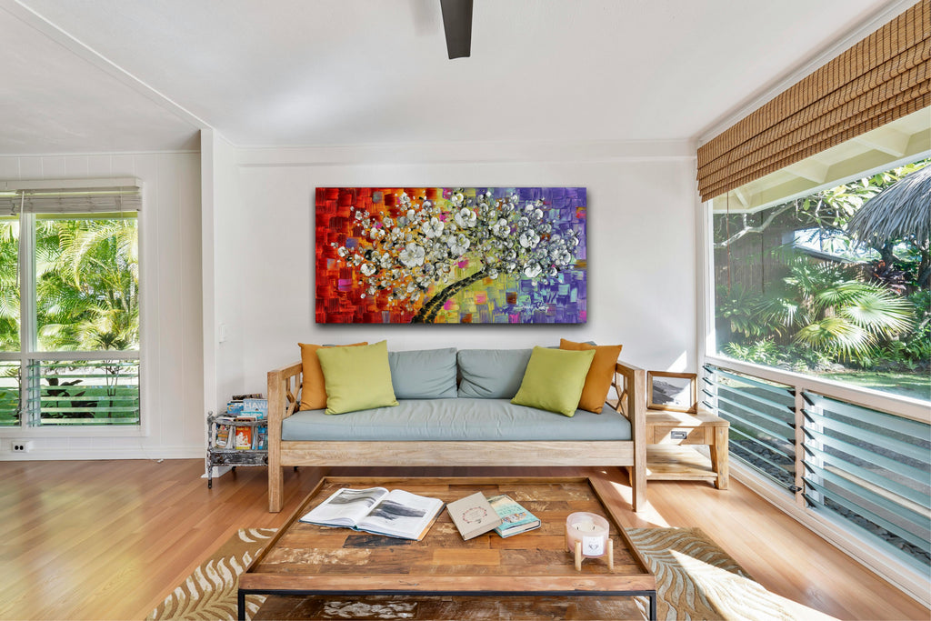 White Cherry Blossom Abstract multicolored tree art (no.1) Panoramic, Fine Art Giclee PRINT on canvas -Susanna Shap