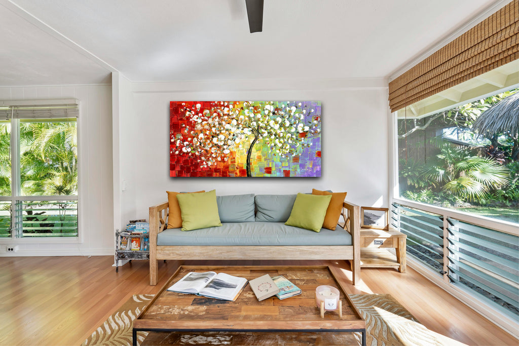 White Cherry Blossom Abstract multicolored tree art (no.3) Panoramic, Fine Art Giclee PRINT on canvas -Susanna Shap