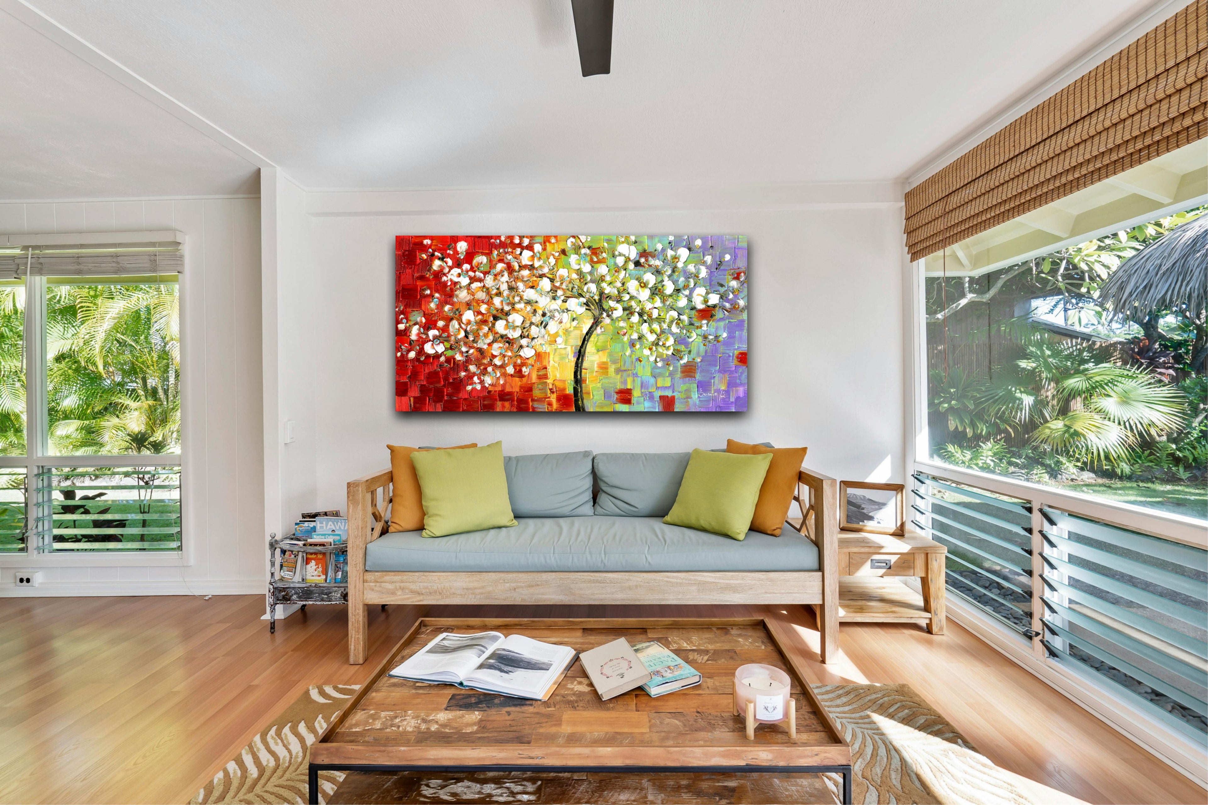 White Cherry Blossom Abstract multicolored tree art (no.3) Panoramic, Fine Art Giclee PRINT on canvas -Susanna Shap
