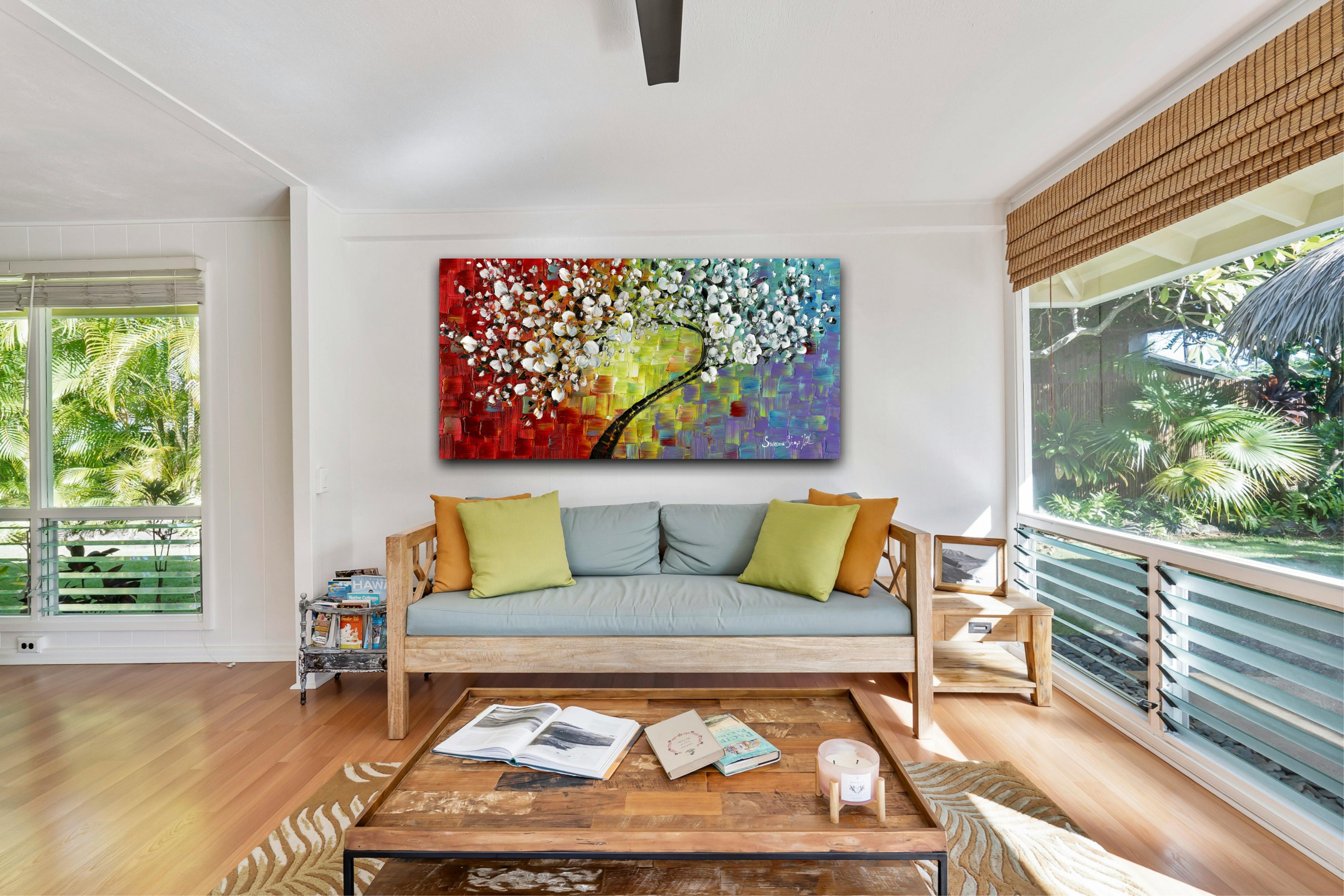 White Cherry Blossom Abstract multicolored tree art (no.2) Panoramic, Fine Art Giclee PRINT on canvas -Susanna Shap