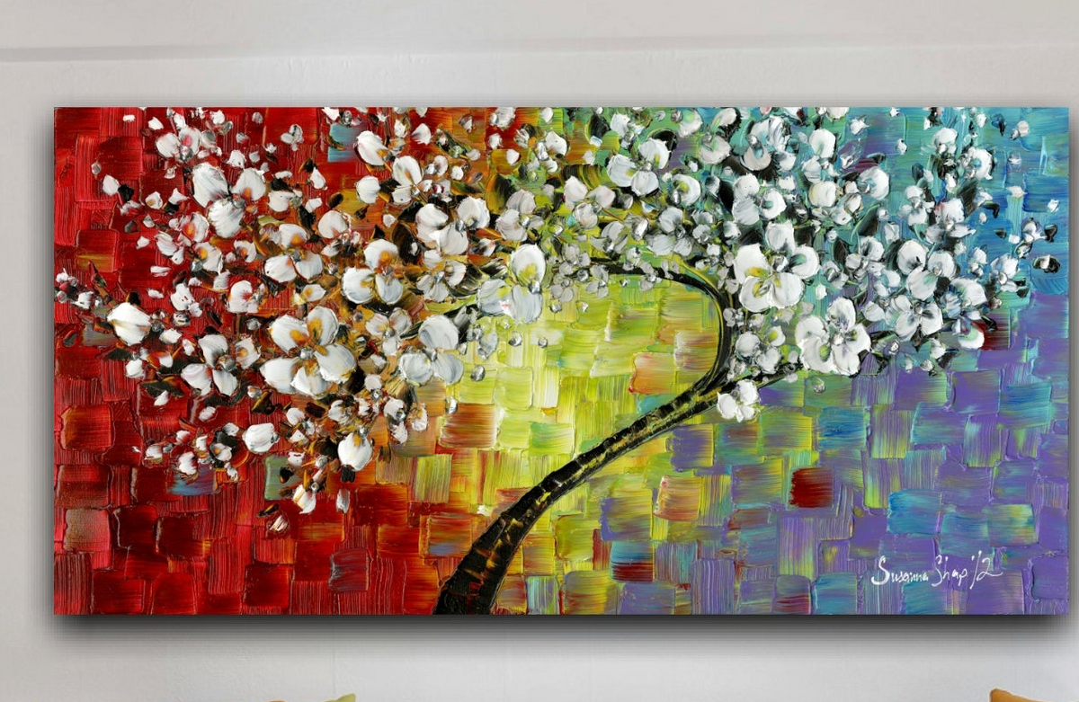 White Cherry Blossom Abstract multicolored Rainbow tree wall art (no.2) Panoramic, Fine Art Giclee PRINT on canvas -Susanna Shap
